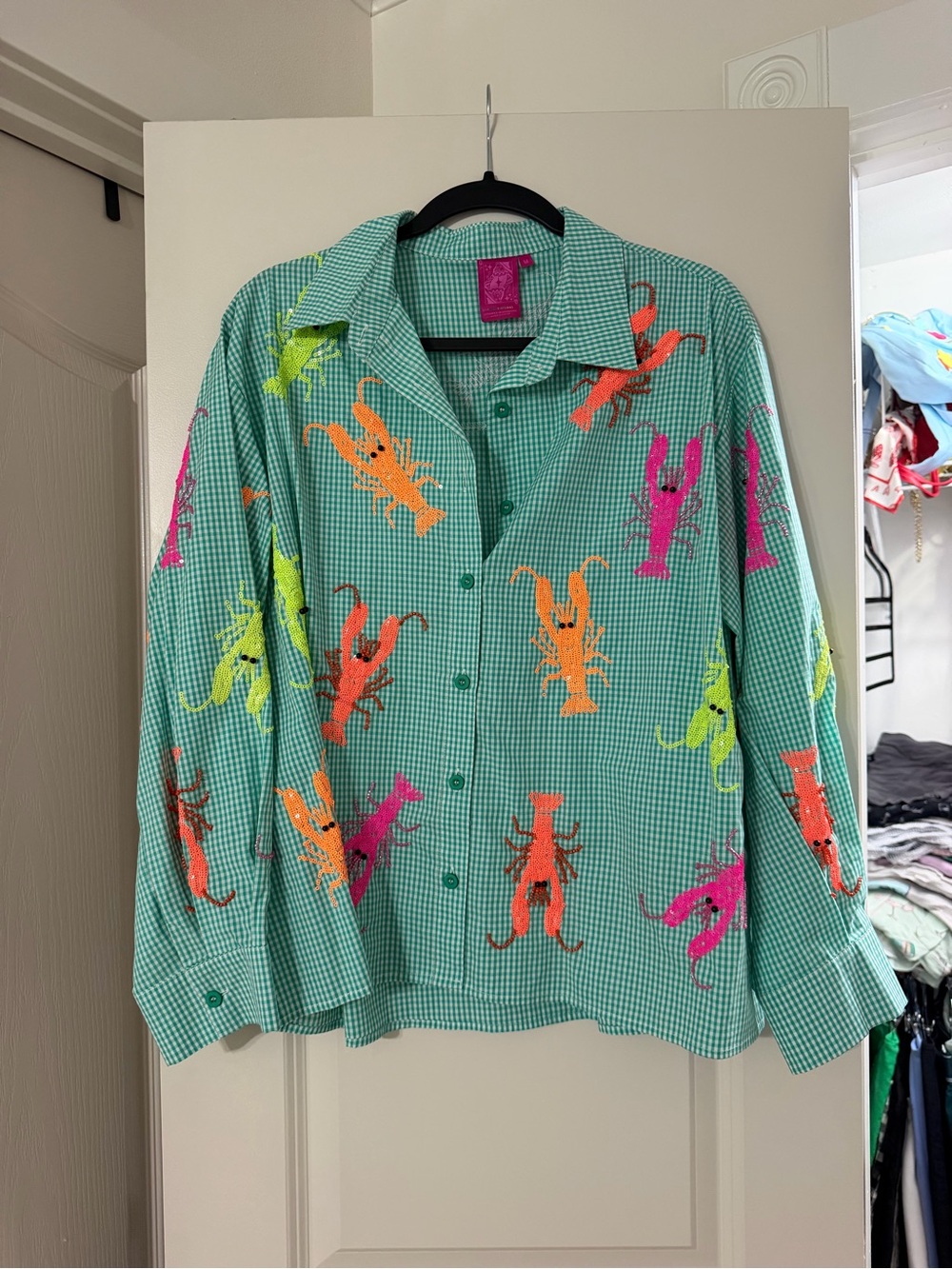 QUEEN OF SPARKLES Green Checked Button-Down with Neon Lobster Print